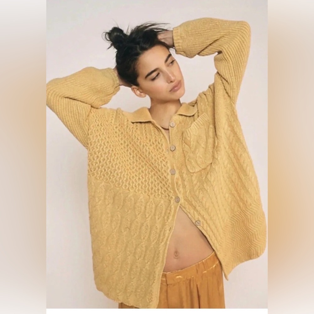Free People Say Anything Cable Knit Cardigan Sweater | Mustard | M